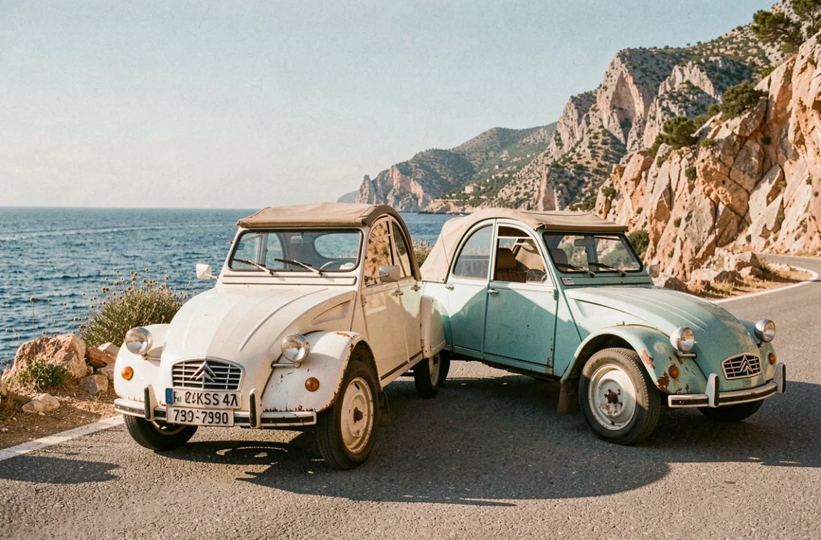 Citroën 2CV et Méhari d'époque garées sur une route côtière près de Cassis pour la Société 2 CV Méhari-Club Cassis
