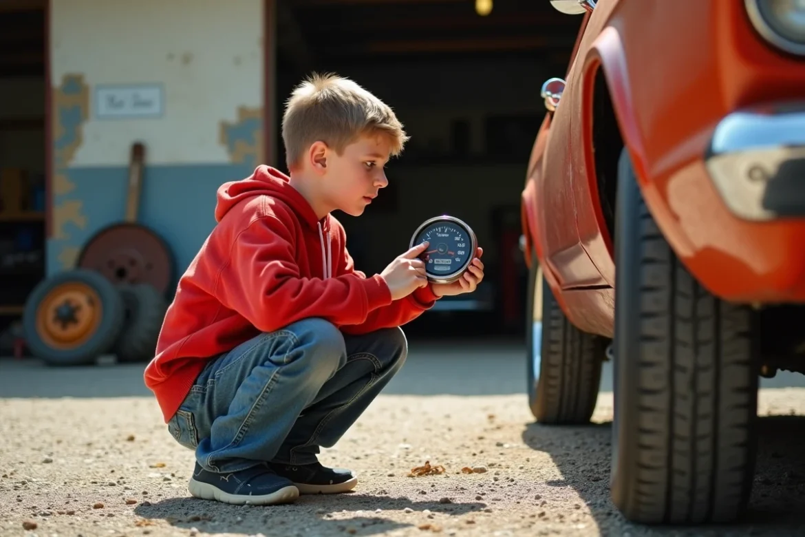 Adolescent découvrant les graduations mph et km/h sur le cadran d'un speedomètre vintage tenu par un mécanicien devant une voiture classique dans un atelier
