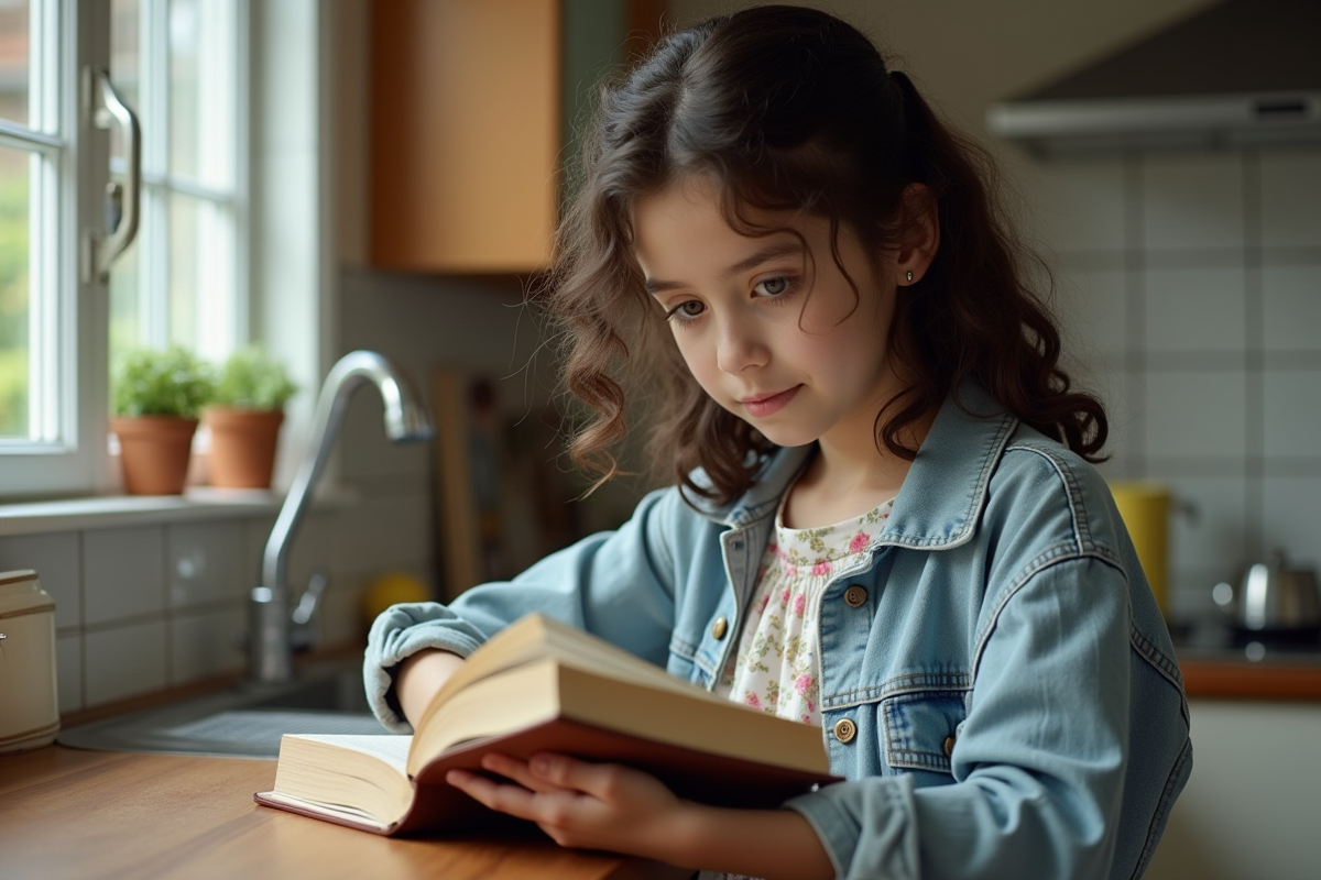 Adolescente lisant un livre dans une cuisine chaleureuse