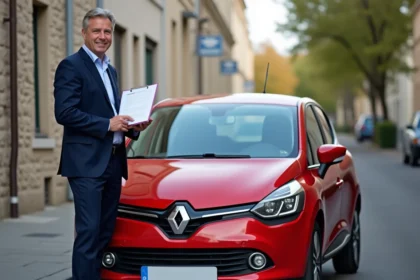 Agent d'assurance debout à côté d'une Renault Clio rouge dans une rue résidentielle française, évaluant le gabarit du véhicule pour calculer la prime d'assurance auto