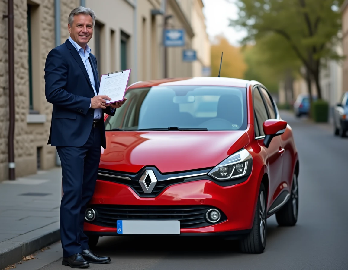 Agent d'assurance debout à côté d'une Renault Clio rouge dans une rue résidentielle française, évaluant le gabarit du véhicule pour calculer la prime d'assurance auto