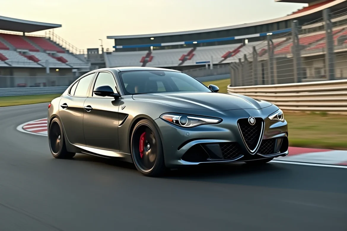 Alfa Romeo Giulia Quadrifoglio grise en pleine accélération dans un virage sur circuit automobile, vue de côté avec effet de filé