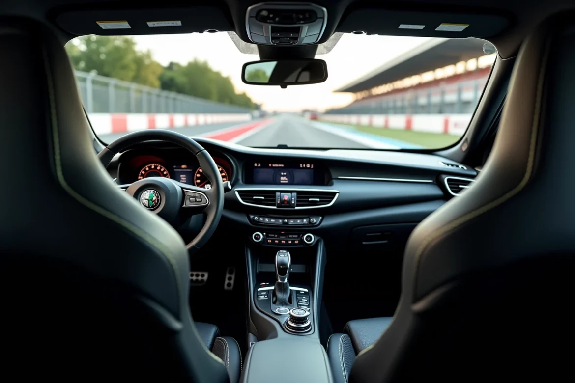 Intérieur du cockpit de l'Alfa Romeo Giulia Quadrifoglio avec sièges sport en cuir noir, volant Alcantara et sélecteur DNA, vu depuis la banquette arrière