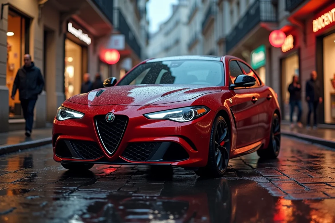 Alfa Romeo Giulia Quadrifoglio rouge Misano garée sur des pavés mouillés dans une ruelle européenne, vue en angle 3/4 avant