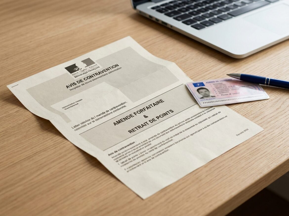 Avis de contravention pour excès de vitesse posé sur un bureau avec un permis de conduire, illustrant le retrait de points en 2026