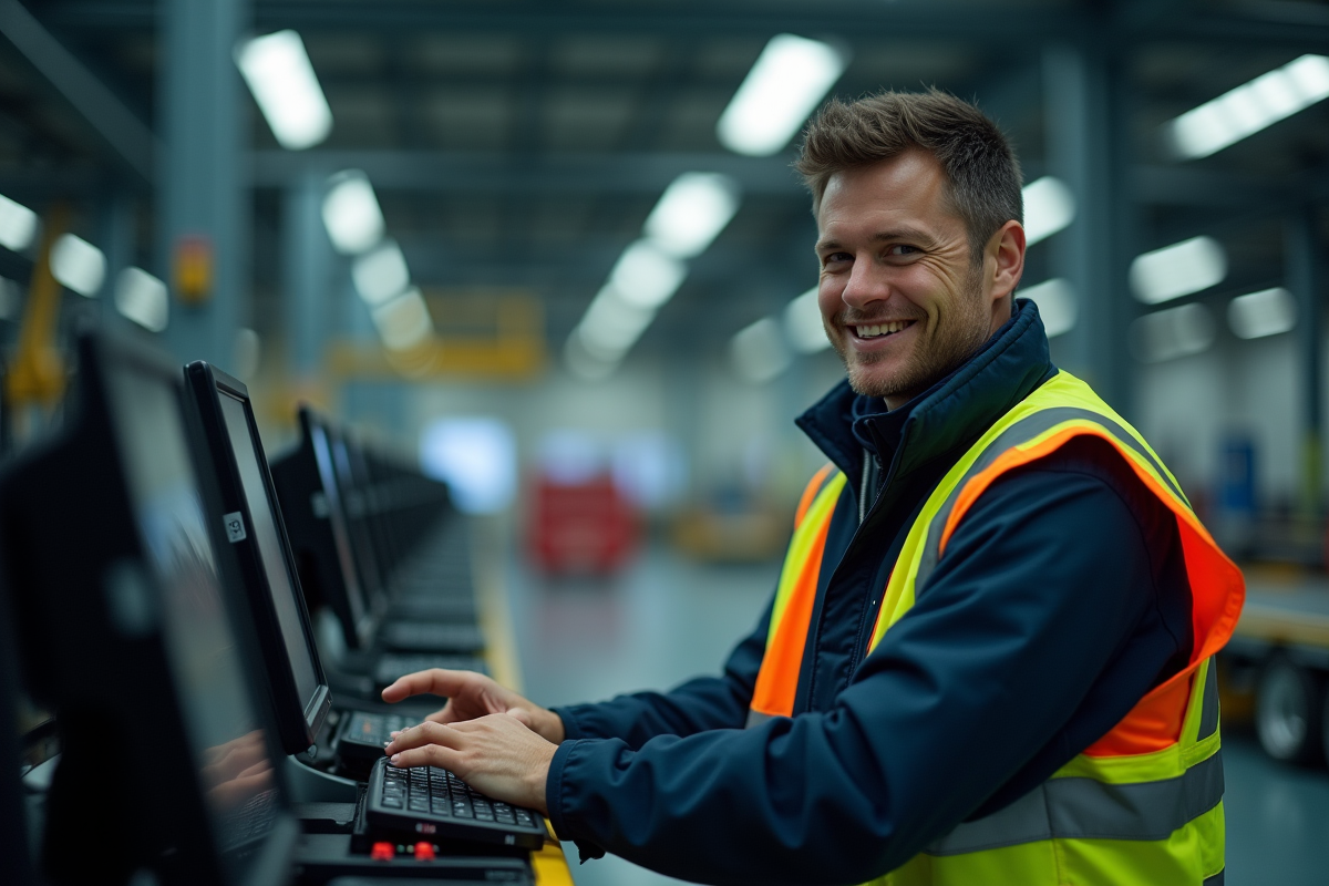 Apprenant en gilet de sécurité utilisant un équipement logistique