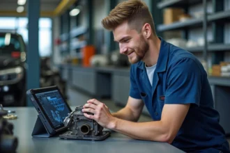 Jeune apprenti mécanicien assemble un moteur avec Autossimo