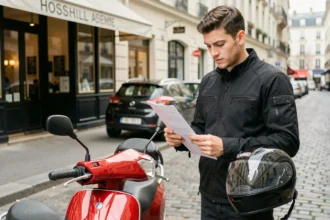Jeune homme consultant son contrat d'assurance 125cc à côté de son scooter rouge en ville