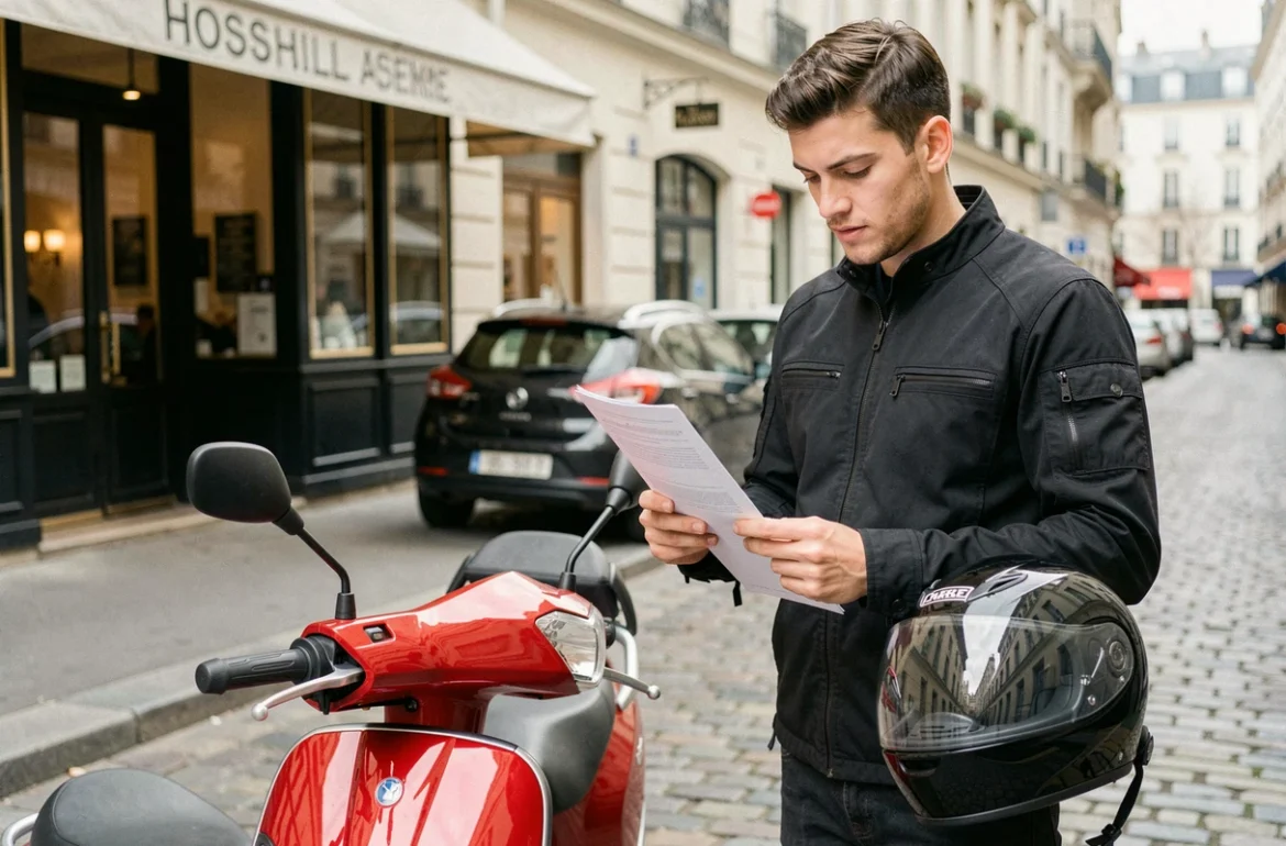 Jeune homme consultant son contrat d'assurance 125cc à côté de son scooter rouge en ville