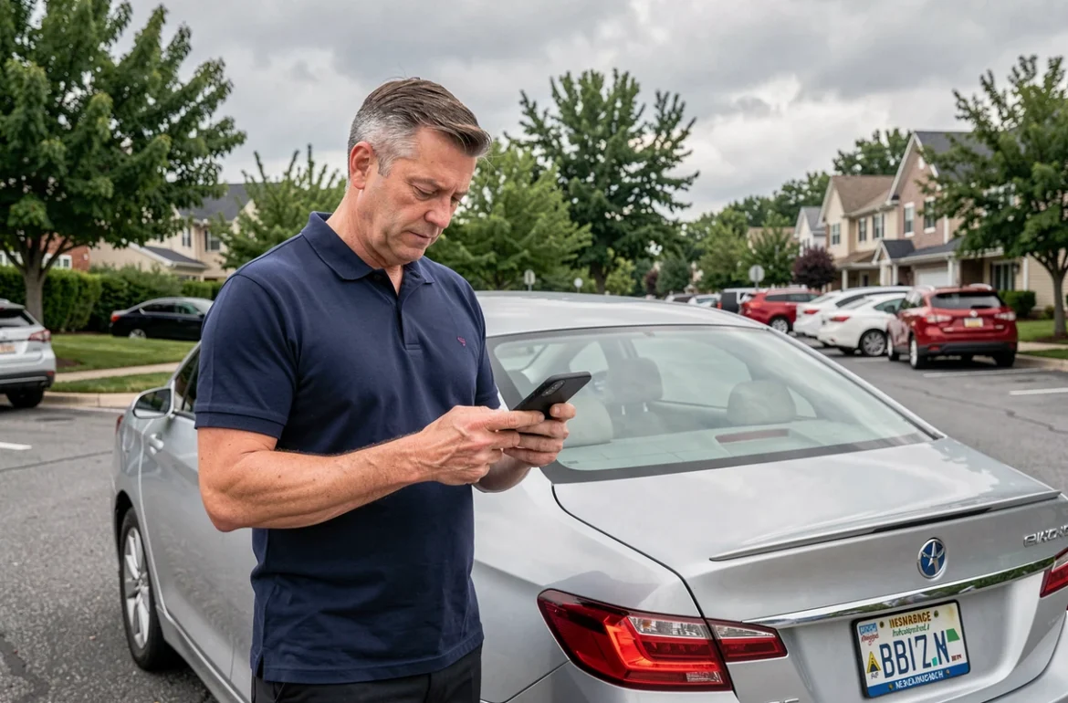 Homme utilisant une application mobile pour trouver une assurance voiture pas chère près de sa voiture