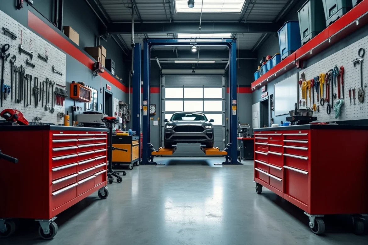 Vue d'ensemble d'un atelier mécanicien auto parfaitement organisé avec servantes et tableau à outils