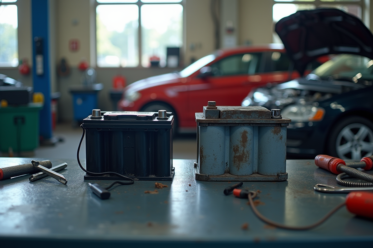 Comparaison entre anciennes et nouvelles batteries sur un établi