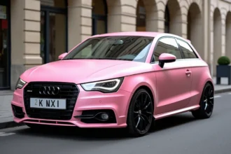 Audi A1 personnalisée avec covering vinyle rose satiné garé dans une rue parisienne