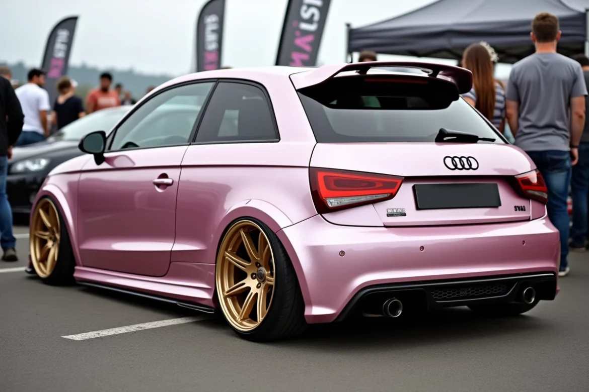 Audi A1 tuning rose métallisé avec jantes dorées et kit carrosserie exposée dans un salon auto