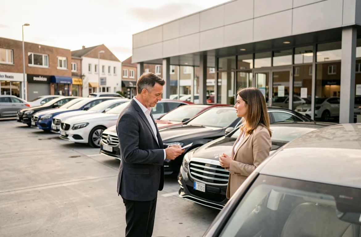 Vendeur d'AutoSphère Beauvais présentant l'intérieur d'un véhicule d'occasion à une cliente sur le parvis de la concession