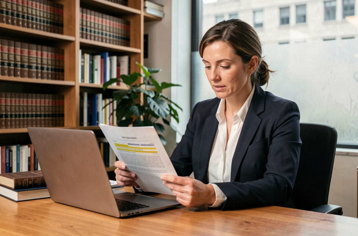 Avocate consultant un document juridique sur la réglementation des voitures sans permis dans un cabinet d'avocat