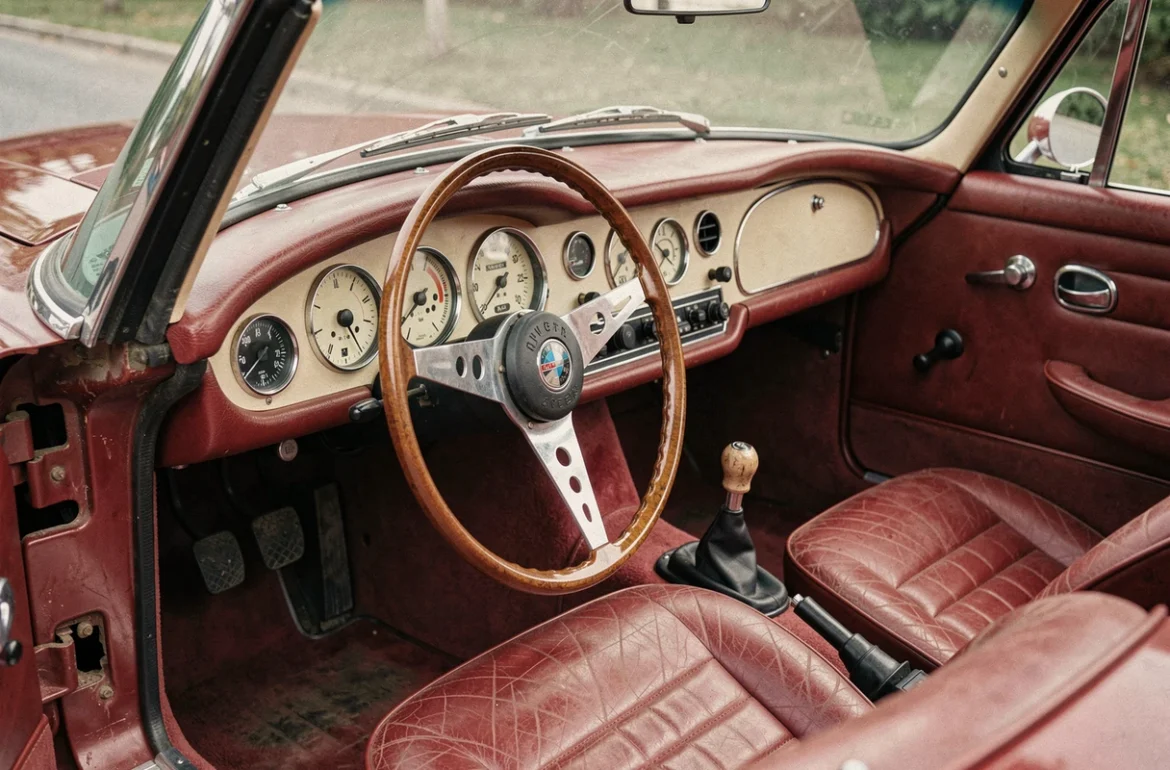 Intérieur authentique BMW 507 avec volant Bakélite, tableau de bord à cadrans ivoire et sièges cuir rouge patinés