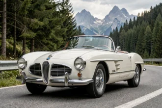 BMW 507 roadster blanc ivoire garé sur une route alpine sinueuse entourée de forêts de pins et de montagnes