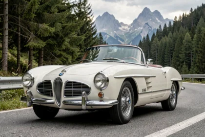 BMW 507 roadster blanc ivoire garé sur une route alpine sinueuse entourée de forêts de pins et de montagnes