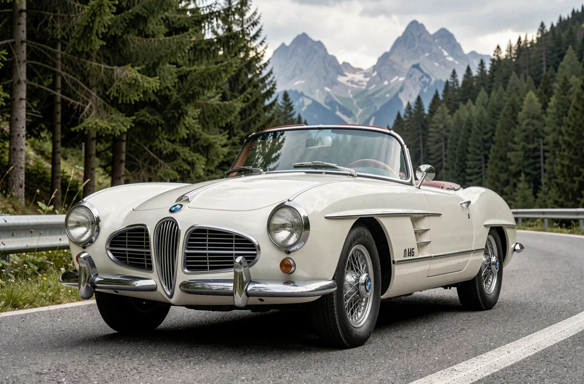 BMW 507 roadster blanc ivoire garé sur une route alpine sinueuse entourée de forêts de pins et de montagnes