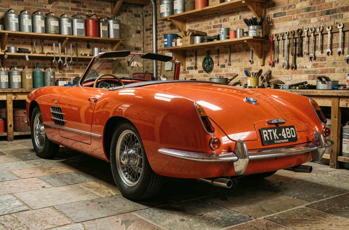 BMW 507 rouge restaurée dans un garage européen en pierre avec outils vintage et carrelage d'époque