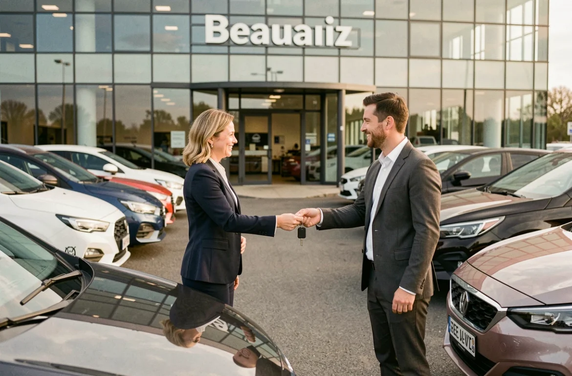 Remise de clés à un client chez Boucourt Automobiles Beauvais, concessionnaire de voitures d'occasion