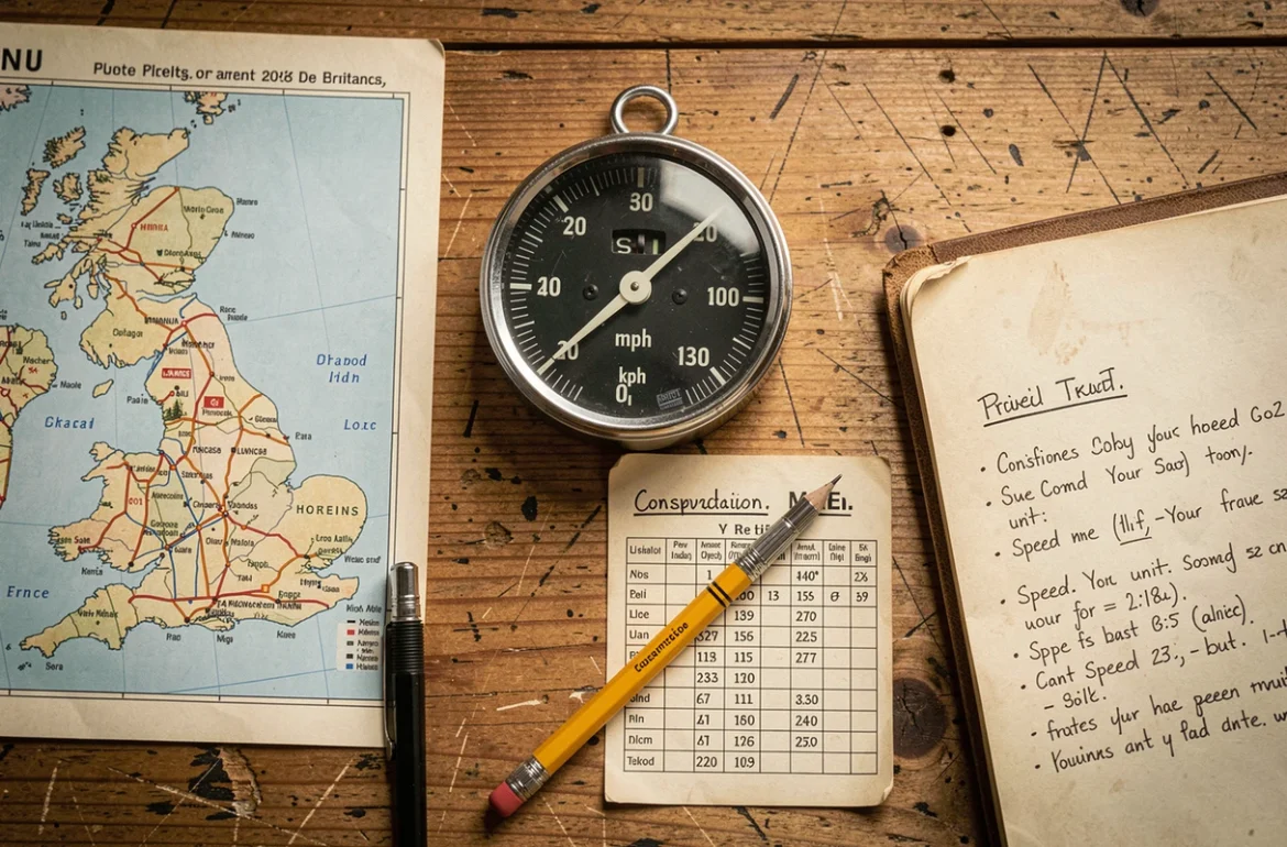 Vue de dessus d'un bureau avec compteur de vitesse analogique, carte routière et tableau de conversion mph kph