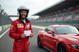 Homme en combinaison de pilotage rouge tenant un bon cadeau stage de pilotage sur circuit automobile