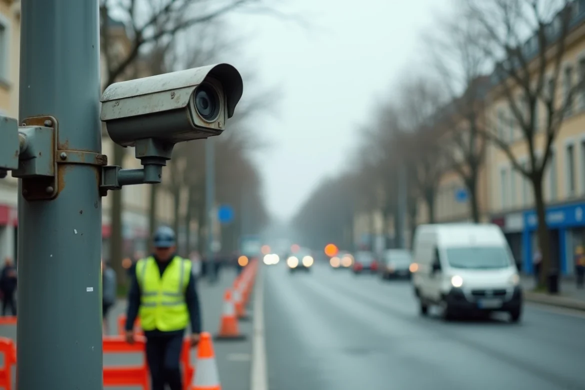 Caméra de contrôle de zone ZFE sur un boulevard français avec un agent municipal inspectant l'équipement, illustrant l'arrêt des contrôles