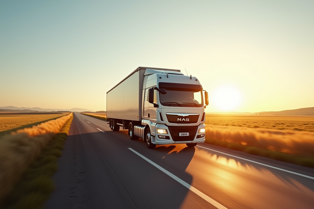 Camion de 26 tonnes roulant en campagne ensoleillee