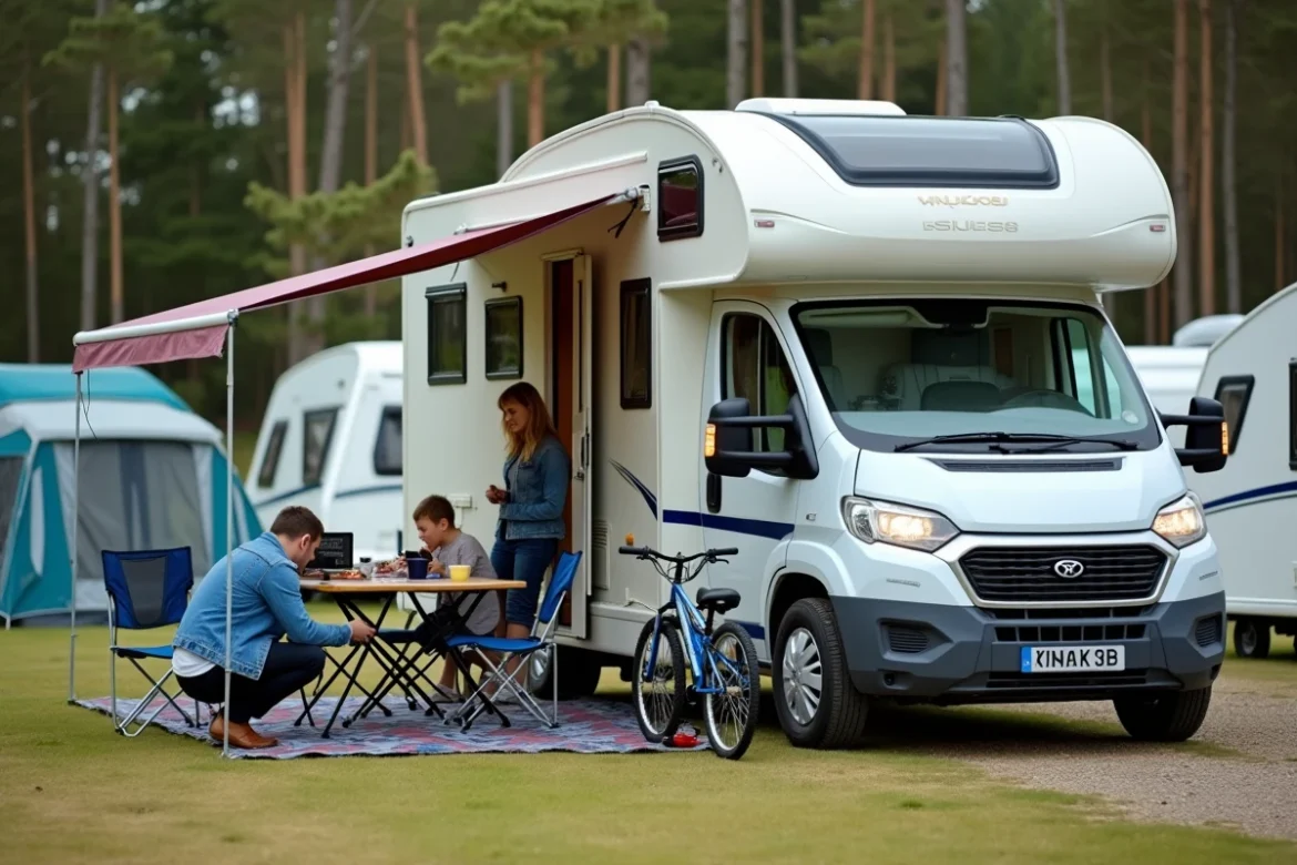 Camping-car poids lourd d'occasion installé sur un terrain de camping en famille avec auvent dépliable