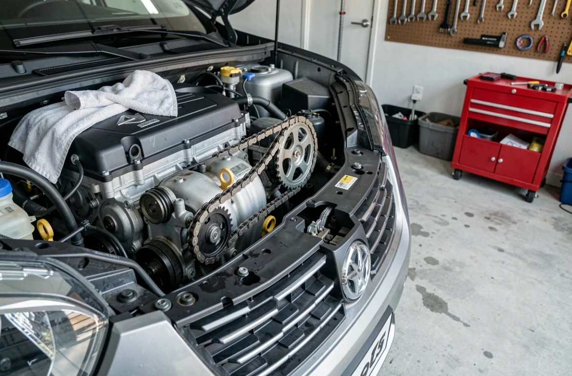 Vue détaillée d'une chaîne de distribution sur le moteur d'un SUV compact, composants mécaniques visibles dans un garage particulier