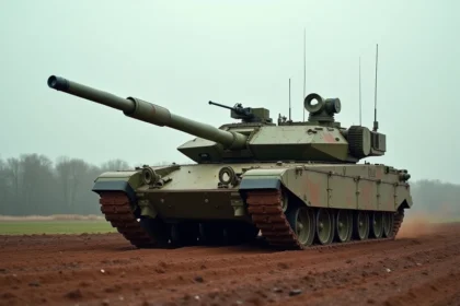 Char Challenger 2 de l'armée britannique sur un terrain d'entraînement boueux, vu en perspective trois quarts avec blindage détaillé et canon L30A1