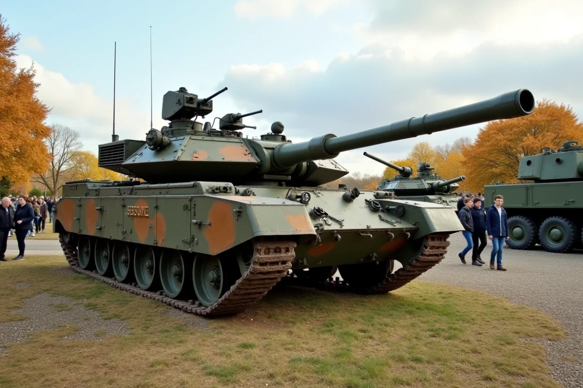 Char Challenger 2 exposé dans un musée militaire en plein air au Royaume-Uni, entouré de visiteurs admirant le véhicule blindé historique en automne