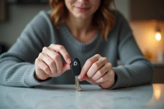 Femme remplaçant la pile de la clé télécommande Renault Clio 4 sans tournevis sur un plan de travail