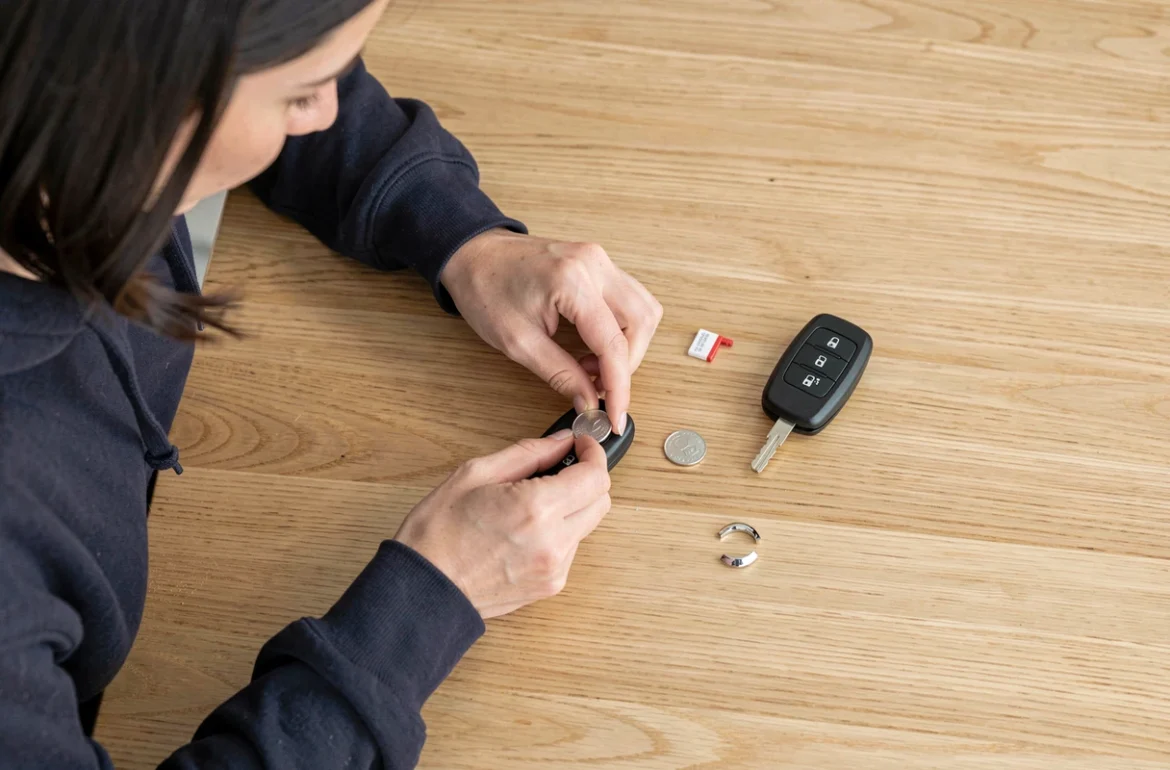 Femme changeant la pile d'une clé Clio 4 sans tournevis en utilisant une pièce de monnaie à la maison