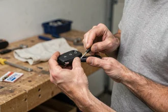 Homme ouvrant le boîtier d'une clé Clio 4 avec un petit tournevis plat pour changer la pile