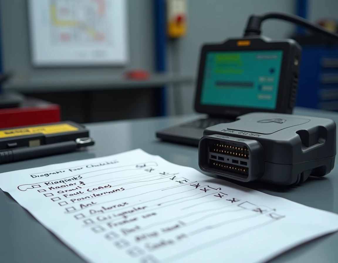 Calculateur ECU Renault posé sur un établi d'atelier avec une check-list de diagnostic imprimée et un scanner OBD2 affichant le code erreur 1525F3