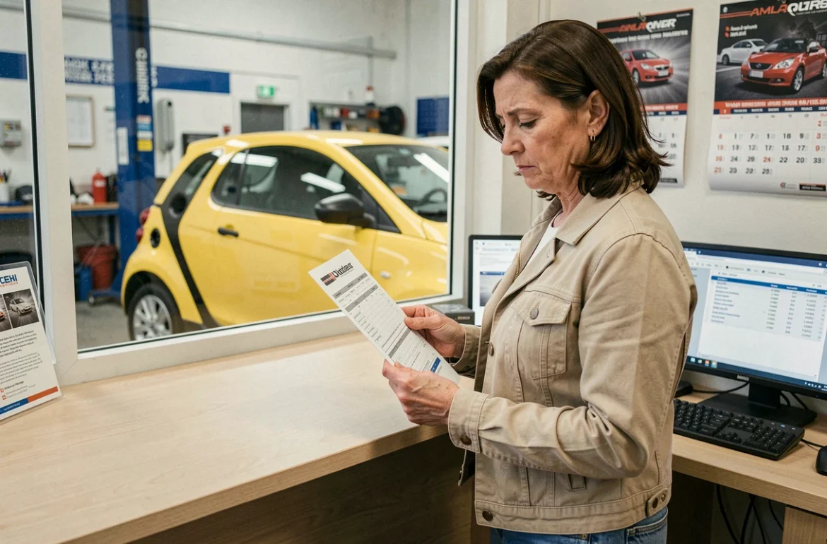 Cliente consultant un devis de réparation pour une voiture sans permis au comptoir d'un garage