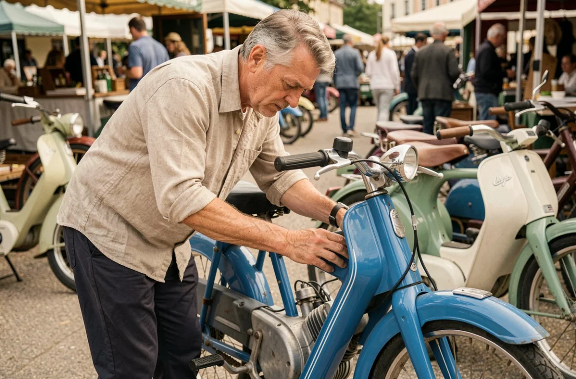 Collectionneur examinant attentivement une Mobylette 103 SP bleue d'origine lors d'un marché de motos anciennes, évaluant son authenticité et sa valeur