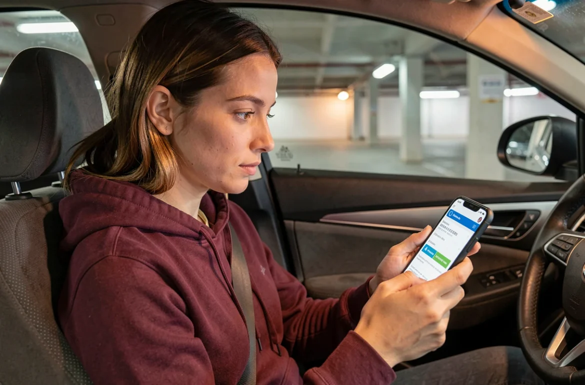 Jeune femme comparant des offres d'assurance auto sur smartphone dans sa voiture