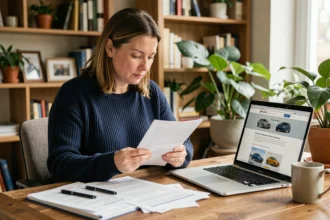 Femme comparant des offres d'assurance auto tous risques sur son bureau à domicile