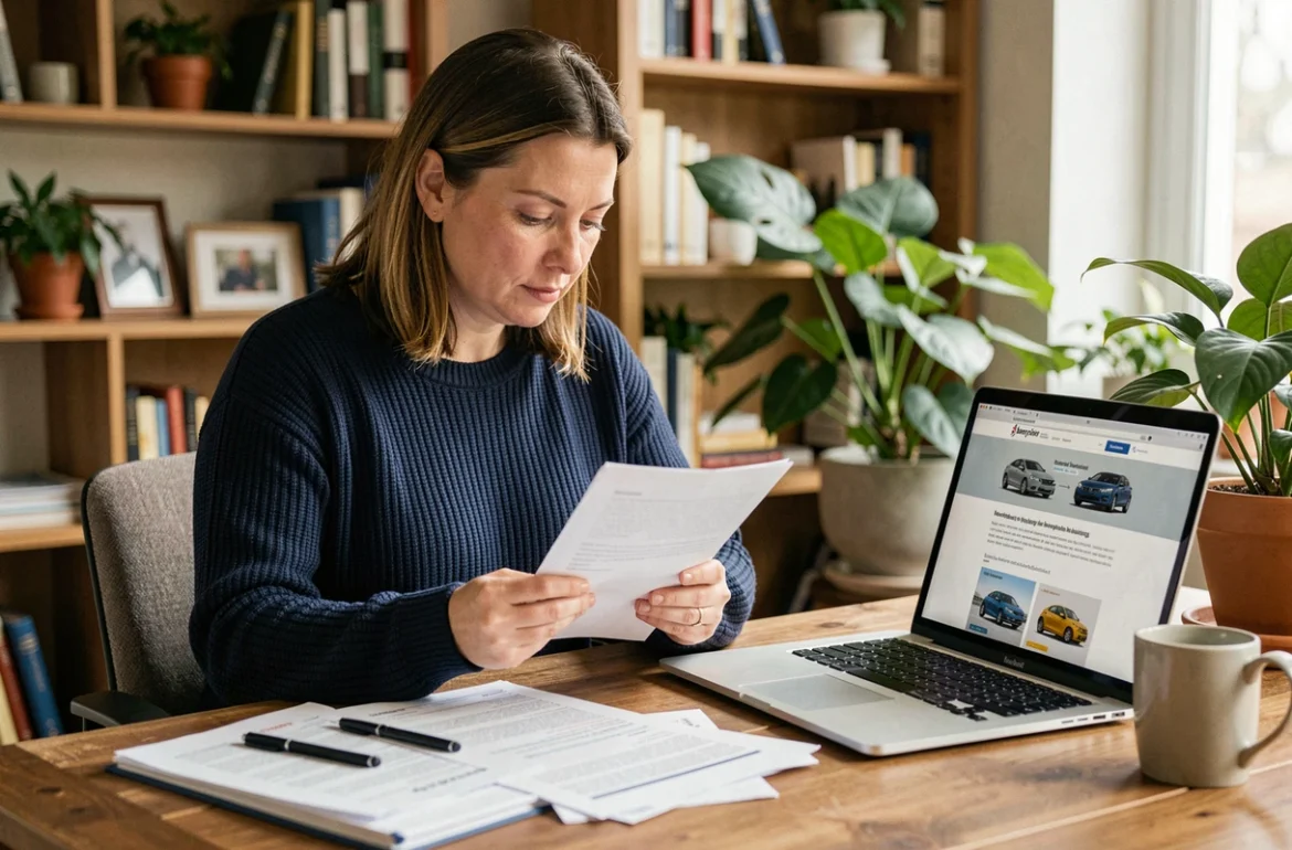 Femme comparant des offres d'assurance auto tous risques sur son bureau à domicile