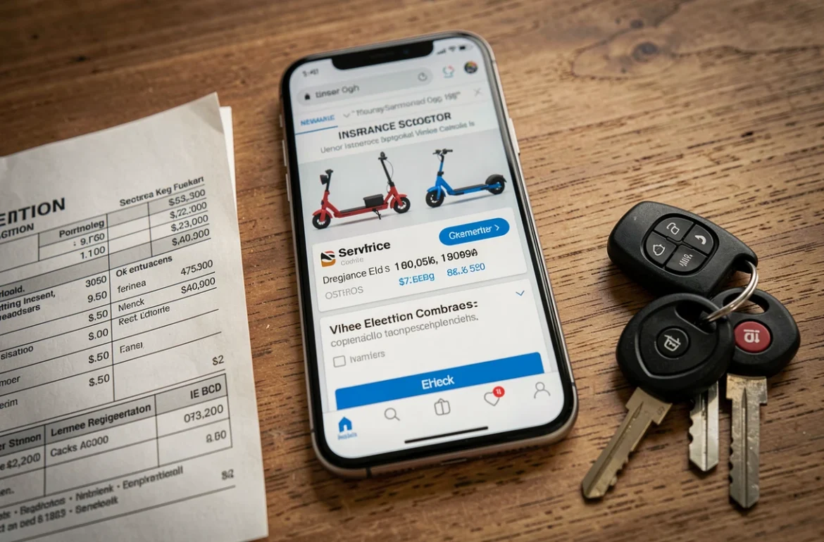 Smartphone affichant une comparaison d'assurance scooter électrique sur un bureau avec clés et carte grise