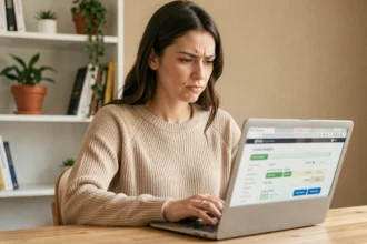 Femme comparant des assurances voiture en ligne sur un ordinateur portable dans un bureau à domicile