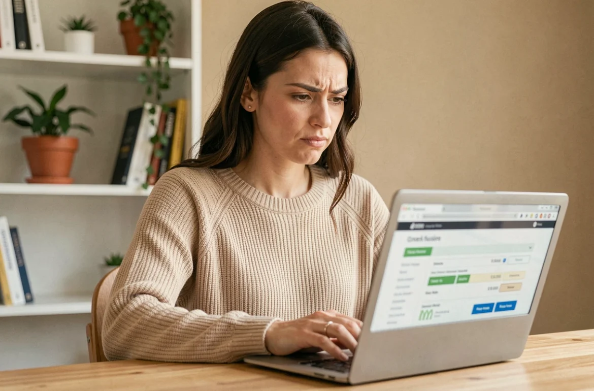 Femme comparant des assurances voiture en ligne sur un ordinateur portable dans un bureau à domicile