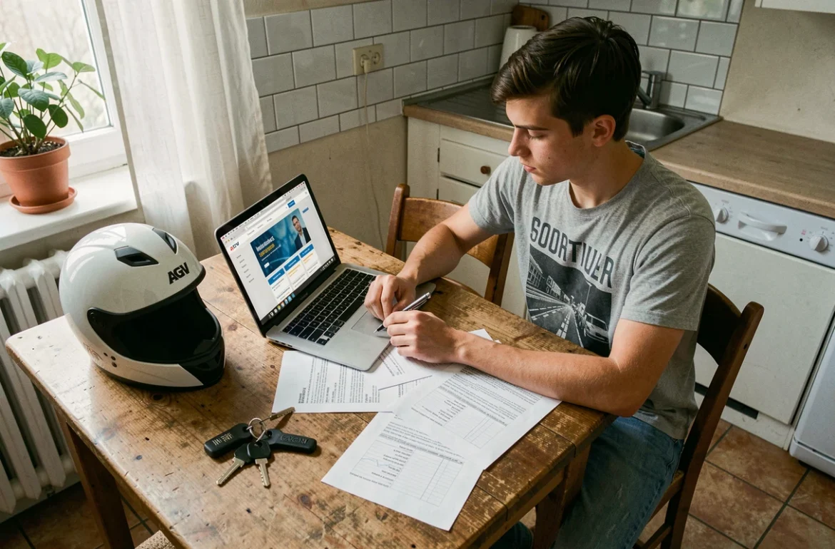 Jeune homme comparant des devis d'assurance moto 50cc sur un ordinateur portable à une table de cuisine avec un casque de moto posé à côté