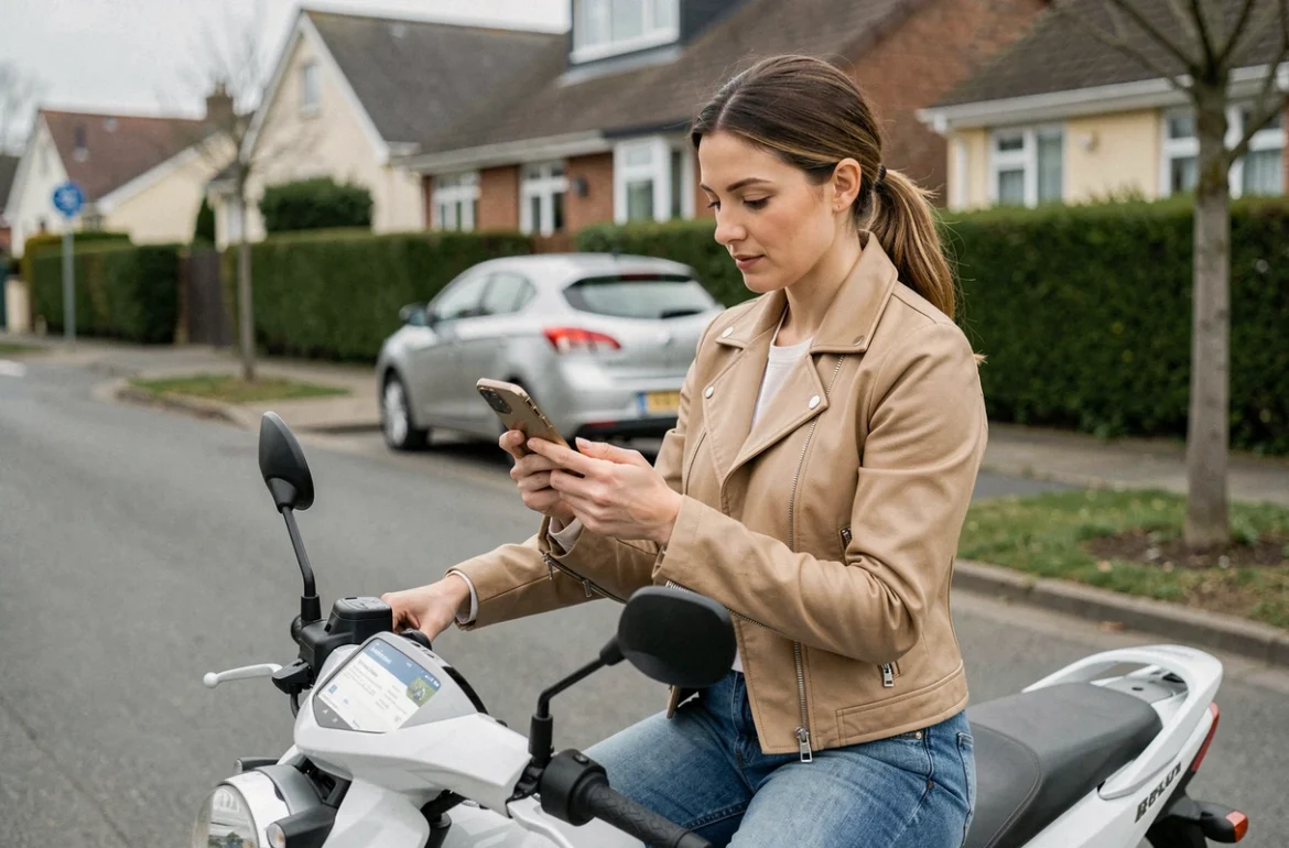 Femme sur une moto 125cc consultant une comparaison de tarifs d'assurance sur smartphone