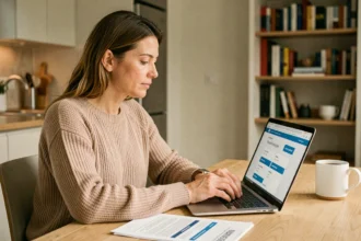Femme comparant des offres d'assurance automobile sur son ordinateur portable à la maison
