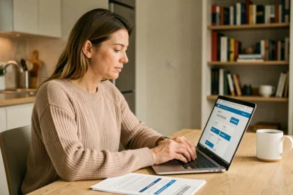 Femme comparant des offres d'assurance automobile sur son ordinateur portable à la maison